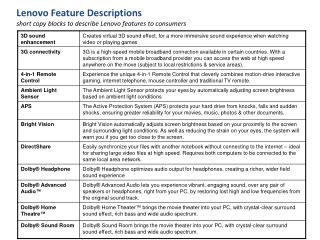 Lenovo Feature Descriptions short copy blocks to describe Lenovo features to consumers