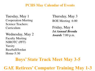 PCHS May Calendar of Events