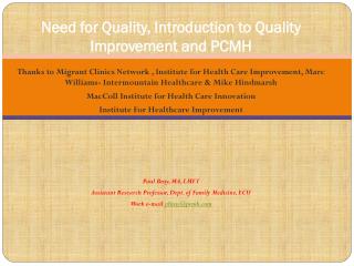 Need for Quality, Introduction to Quality Improvement and PCMH