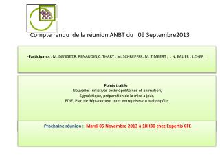 Compte rendu de la réunion ANBT du 09 Septembre2013