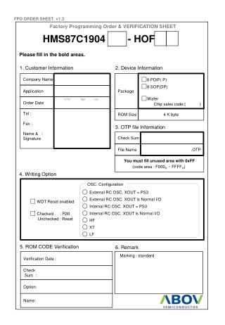 Factory Programming Order &amp; VERIFICATION SHEET