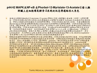 p44/42 MAPK 及 NF-κB 在 Phorbol-12-Myristate-13-Acetate 引發人類肺臟上皮細胞環氧酵素 -2 表現的訊息傳遞路徑之角色