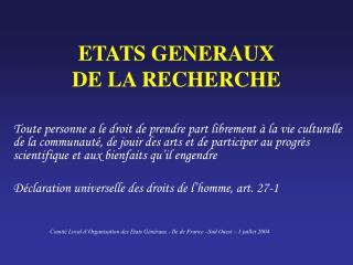 ETATS GENERAUX DE LA RECHERCHE