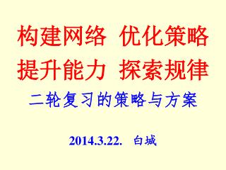 构建网络 优化策略 提升能力 探索规律 二轮复习的策略与方案 2014.3.22. 白城