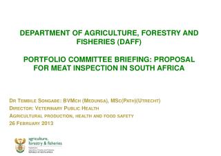 Dr Tembile Songabe: BVMch ( Medunsa ), MSc(Path)(Utrecht) Director: Veterinary Public Health