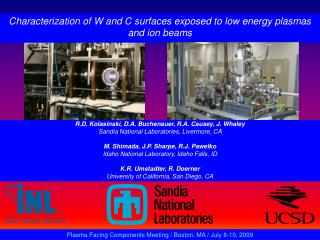 Characterization of W and C surfaces exposed to low energy plasmas and ion beams