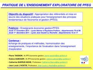 PRATIQUE DE L'ENSEIGNEMENT EXPLORATOIRE DE PFEG