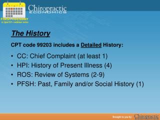 The History CPT code 99203 includes a Detailed History: CC: Chief Complaint (at least 1)