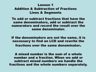 Lesson 1 Addition & Subtraction of Fractions Lines & Segments