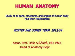 WINTER AND SUMER TERM 2013/14 Assoc . Prof. Dáša SLÍŽOVÁ, MD, PhD. Head of Anatomy Dept .