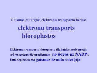 Gaismas atkarīgās elektronu transporta ķēdes: elektronu transports 		 hloroplastos