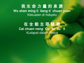 我 生 命 力 量 的 泉 源 Wo shen ming li liang ti chuan yuan Kekuatan di hidupku 在 全 能 主 耶 穌 裡