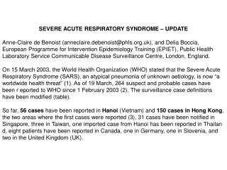 SEVERE ACUTE RESPIRATORY SYNDROME – UPDATE