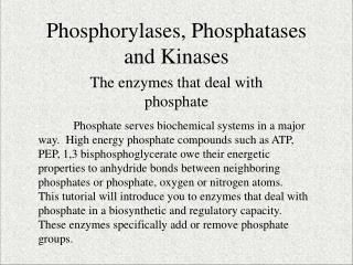 Phosphorylases, Phosphatases and Kinases