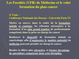 Les Facultés (UFR) de Médecine et le volet formation du plan cancer