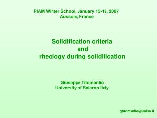 PIAM Winter School, January 15-19, 2007 Aussois, France