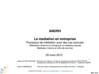 ANDRH La médiation en entreprise Processus de médiation avec des cas concrets