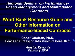 Word Bank Resource Guide and Other Information on Performance-Based Contracts