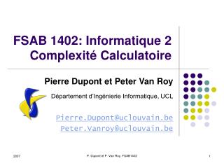 FSAB 1402: Informatique 2 Complexité Calculatoire