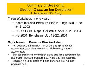 Summary of Session E: Electron Cloud an Ion Desorption A. Kraemer and S.Y. Zhang