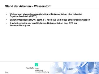 Stand der Arbeiten – Wasserstoff