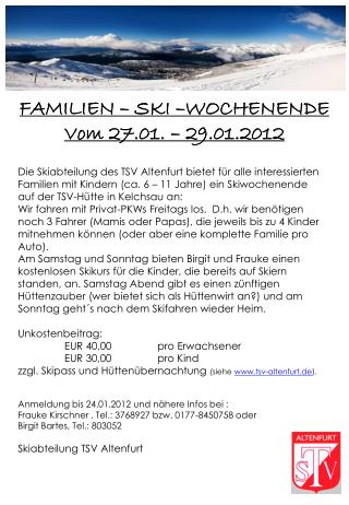 FAMILIEN – SKI –WOCHENENDE Vom 27.01. – 29.01.2012