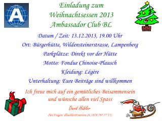 Einladung zum Weihnachtsessen 2013 Ambassador Club BL