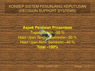 Aspek Peni laian Prosentase Tugas Mandiri--30 % Hasil Ujian Tengah Semester--30 %