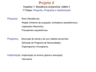Projeto II Trabalho 1: Residência Unifamiliar (200m²) 1ª Etapa: Pesquisa, Programa e Implantação