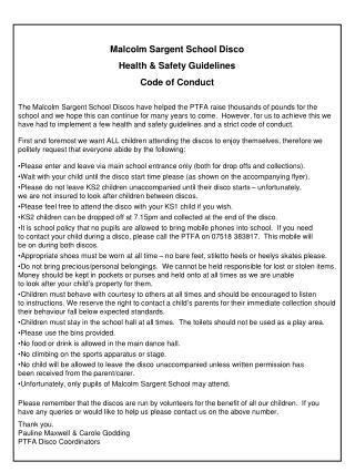 Malcolm Sargent School Disco Health &amp; Safety Guidelines Code of Conduct