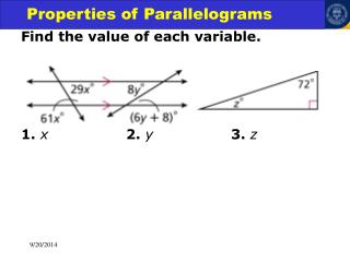 Find the value of each variable. 1. x 2. y			 3. z