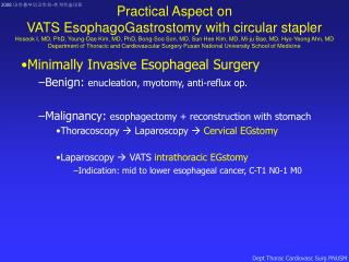 Minimally Invasive Esophageal Surgery Benign: enucleation, myotomy, anti-reflux op.
