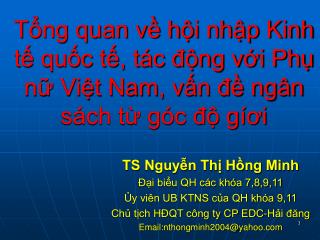TS Nguyễn Thị Hồng Minh Đại biểu QH các khóa 7,8,9,11 Ủy viên UB KTNS của QH khóa 9,11