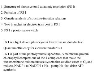 1. Structure of photosystem I at atomic resolution (PS I) 2. Function of PS I