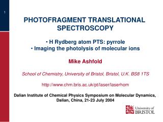 PHOTOFRAGMENT TRANSLATIONAL SPECTROSCOPY H Rydberg atom PTS: pyrrole