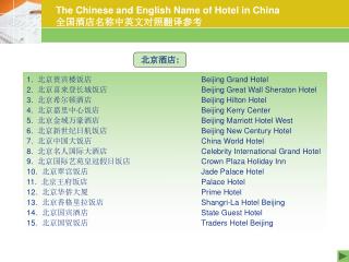 The Chinese and English Name of Hotel in China 全国酒店名称中英文对照翻译参考