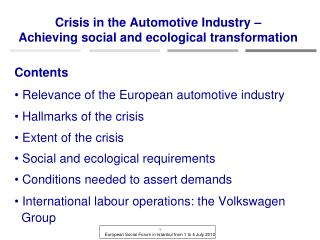 Crisis in the Automotive Industry – Achieving social and ecological transformation