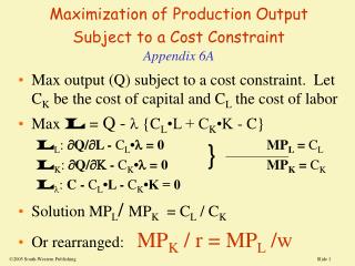 Maximization of Production Output Subject to a Cost Constraint Appendix 6A