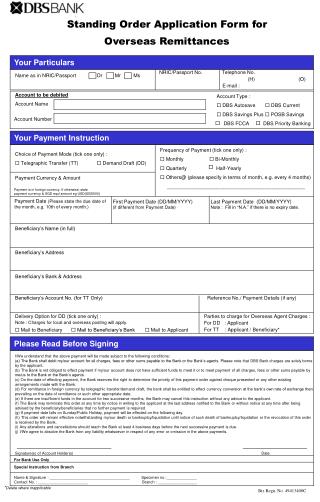 Standing Order Application Form for Overseas Remittances