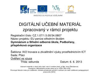 DIGITÁLNÍ UČEBNÍ MATERIÁL zpracovaný v rámci projektu