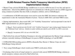 DLMS-Related Passive Radio Frequency Identification (RFID) Implementation Status