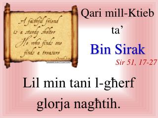 Qari mill-Ktieb ta’ Bin Sirak Sir 51, 17-27