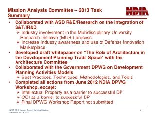 Mission Analysis Committee – 2013 Task Summary