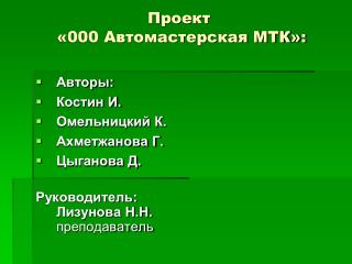 Проект «000 Автомастерская МТК»: