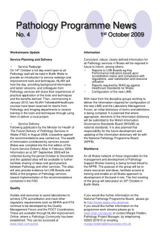 Pathology Programme News	 No. 4 1 st October 2009