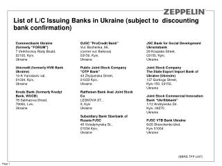 List of L/C Issuing Banks in Ukraine (subject to discounting bank confirmation)