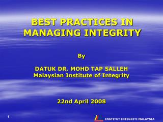 BEST PRACTICES IN MANAGING INTEGRITY