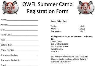 OWFL Summer Camp Registration Form