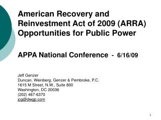 American Recovery and Reinvestment Act of 2009 (ARRA) Opportunities for Public Power