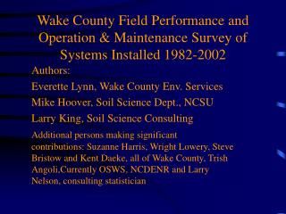 Wake County Field Performance and Operation &amp; Maintenance Survey of Systems Installed 1982-2002